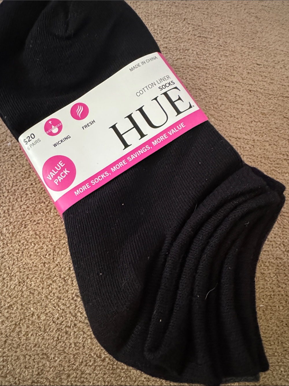 HUE Unisex Black Cotton Liner Socks - Value Pack of 3